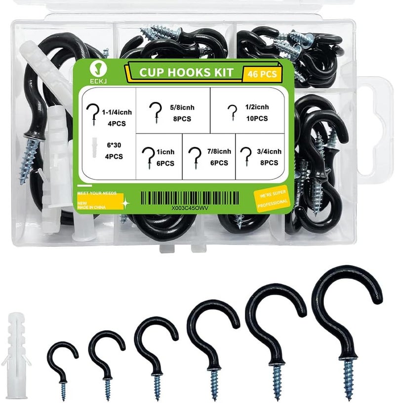 ECKJ Small Black Screw-in Hooks Assorted Kit with Plugs, 1/2", 5/8", 3/4", 7/8", 1", 1-1/4" Vinyl Coated Cup Hooks for Hanging Home Decorations, Christmas Lights, Wind Chimes, Crafts - 46 Pcs - Image 1